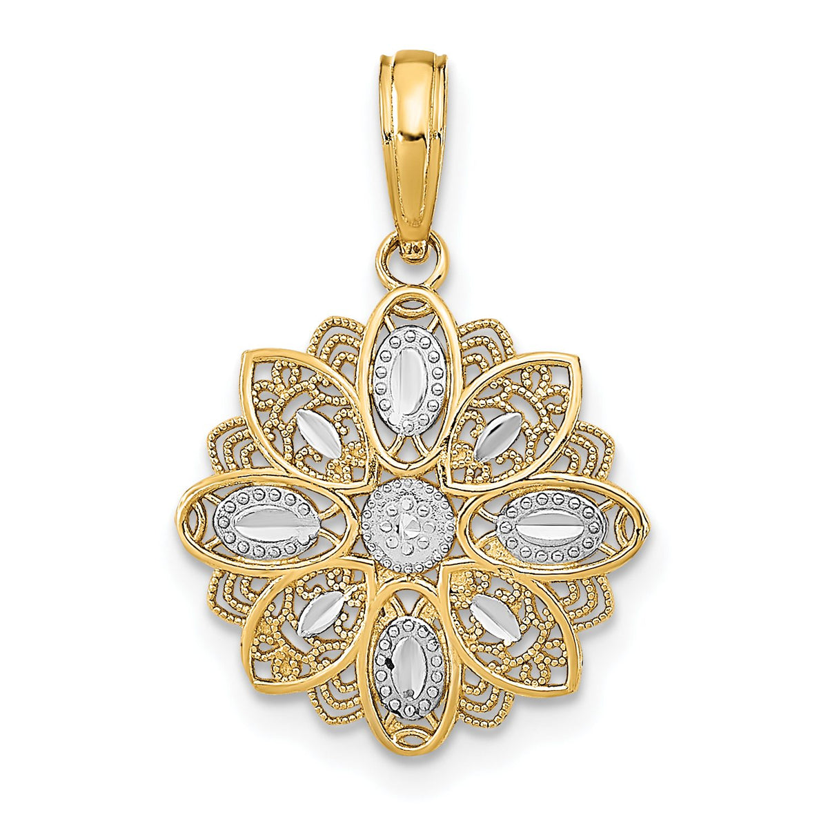 Filigree Flower Charm in 14K Two-Tone Gold, 16mm Diamond-Cut - Sophia Jewelers Main image