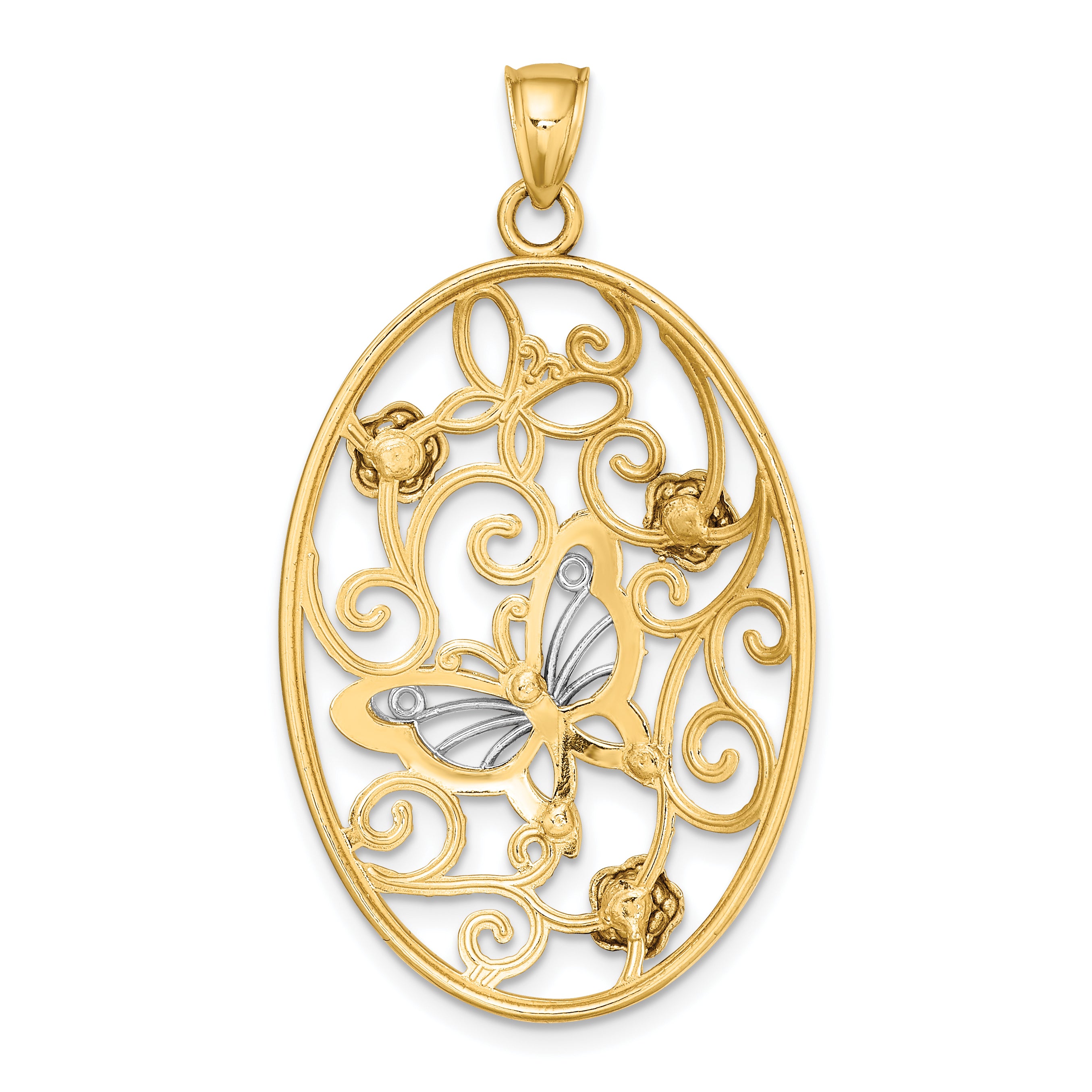14k Two-Tone w/Rhodium Butterfly and Flowers in Oval Frame Charm