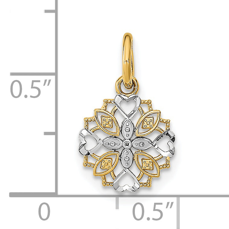 14K w/Rhodium Cut-Out Heart Edge Flower Charm