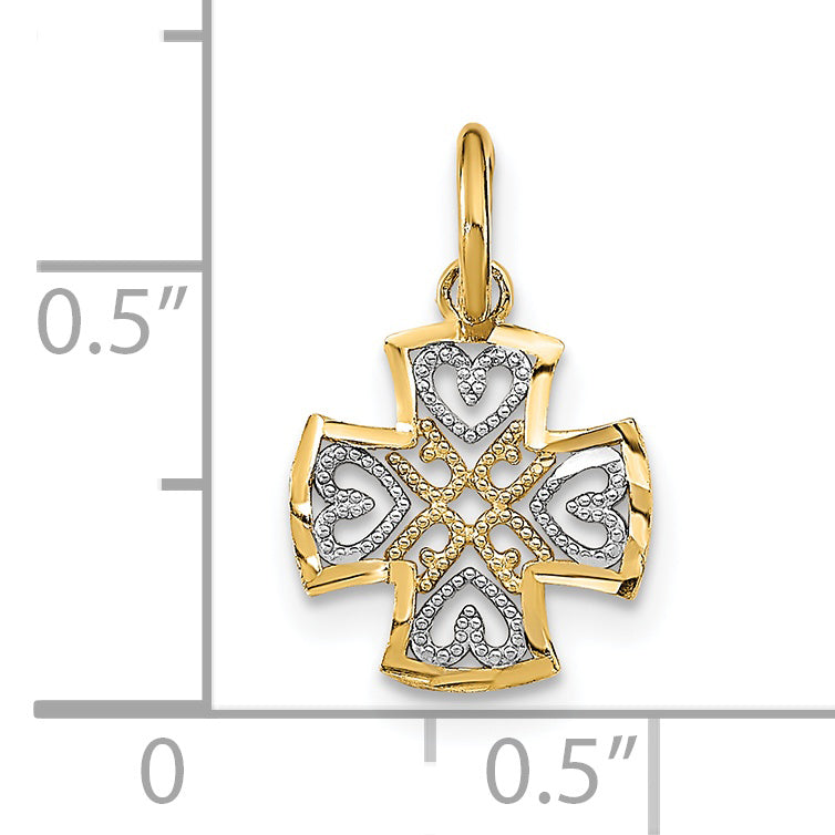 14K w/Rhodium and D/C Hearts In Cross Charm