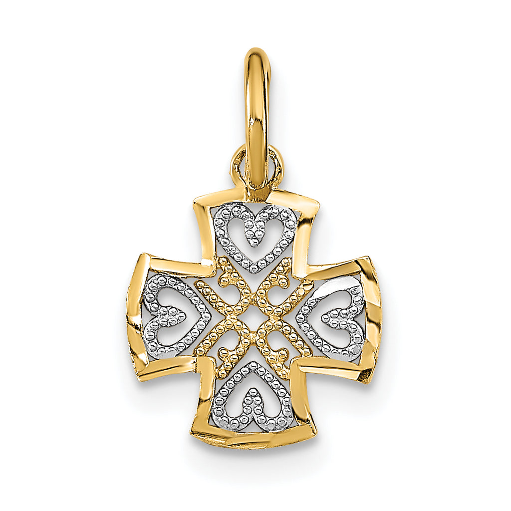 14K w/Rhodium and D/C Hearts In Cross Charm