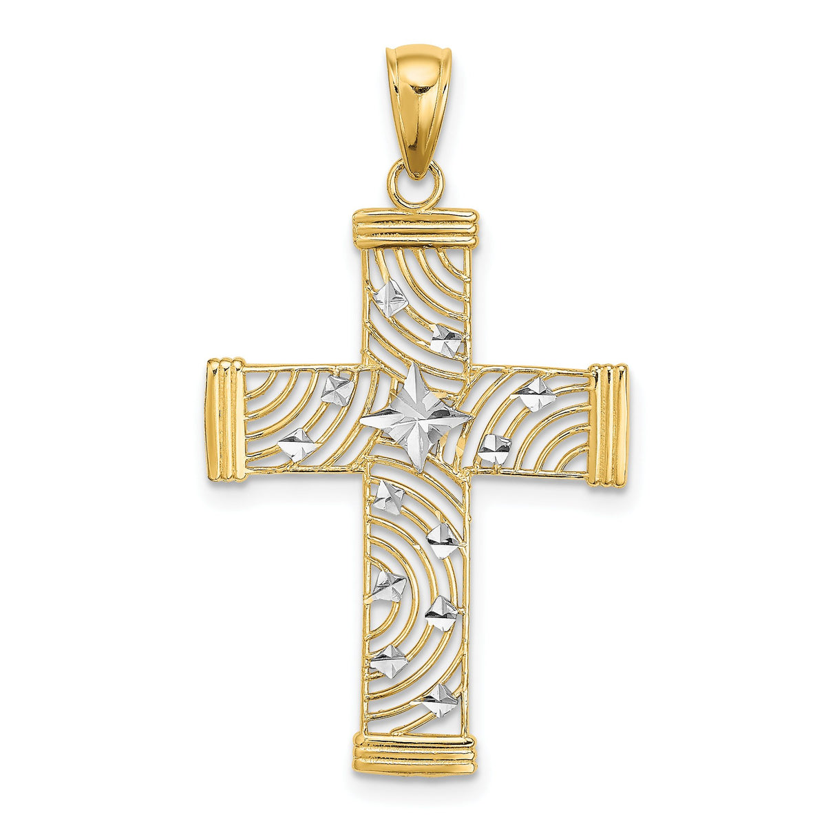 Star Cut-Out Cross Charm in 14K Two-Tone Gold, 29mm Diamond-Cut - Sophia Jewelers