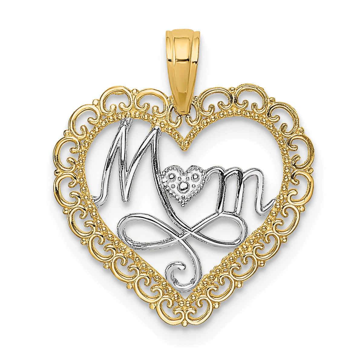 14k with White Rhodium Cut-Out MOM In Scalloped Heart Charm Main image