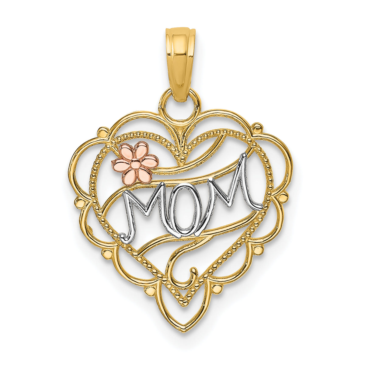 14k Two-Tone with White Rhodium MOM Heart with Flower Charm Main image