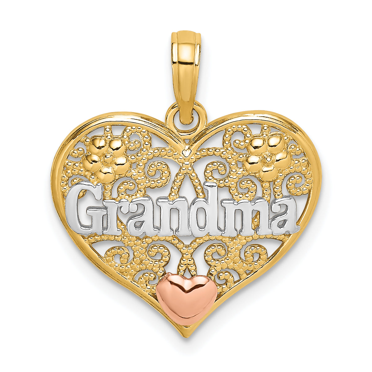 14k Two-tone with White Rhodium GRANDMA In Filigree Heart Charm Main image