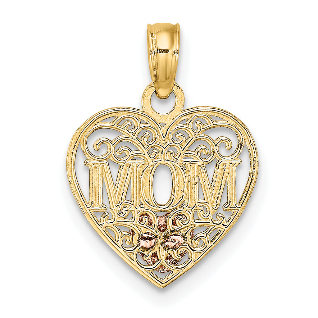 Filigree Mom in Heart Pendant in 14K Two-Tone Gold, 17mm - Sophia Jewelers