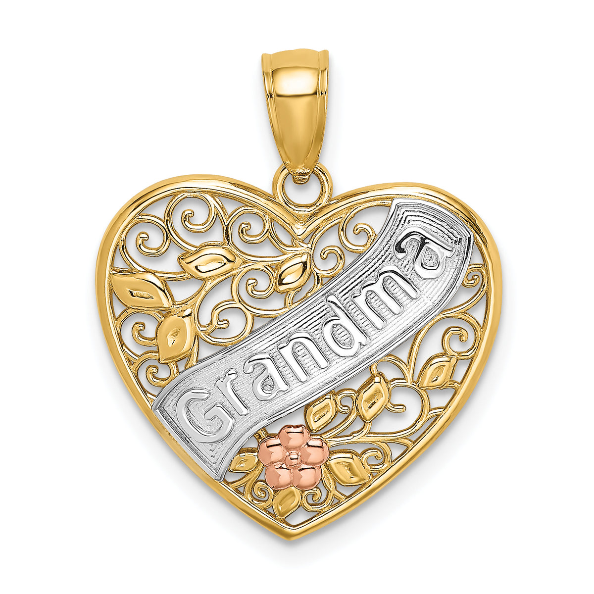 14k Two-tone with White Rhodium GRANDMA In Filigree Heart with Flowers Charm Main image