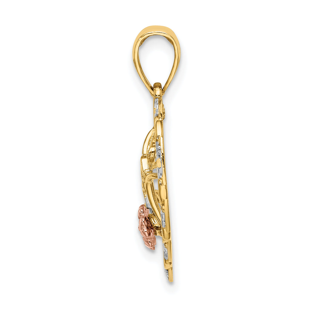 "I Love You" Heart & Flower Charm in 14K Two-Tone Gold, 23mm Textured - Sophia Jewelers