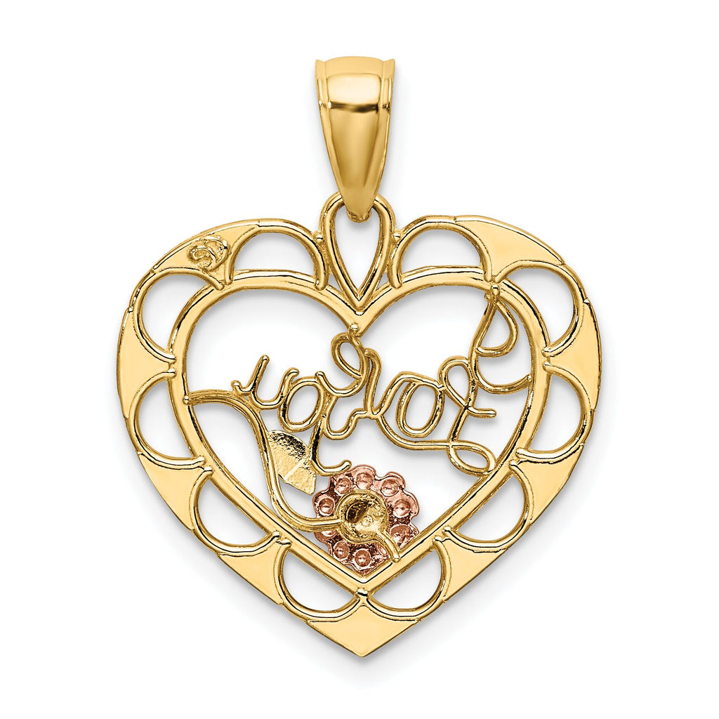 "I Love You" Heart & Flower Charm in 14K Two-Tone Gold, 23mm Textured - Sophia Jewelers