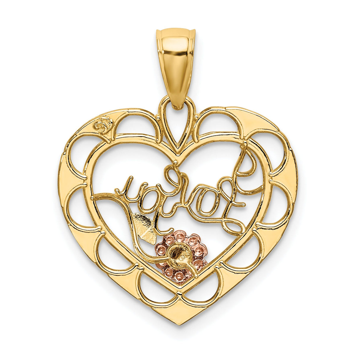 "I Love You" Heart & Flower Charm in 14K Two-Tone Gold, 23mm Textured - Sophia Jewelers