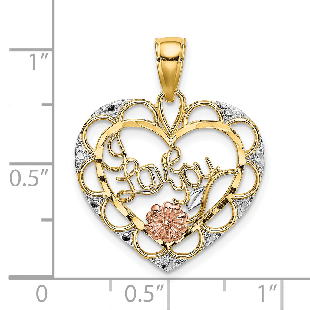 "I Love You" Heart & Flower Charm in 14K Two-Tone Gold, 23mm Textured - Sophia Jewelers