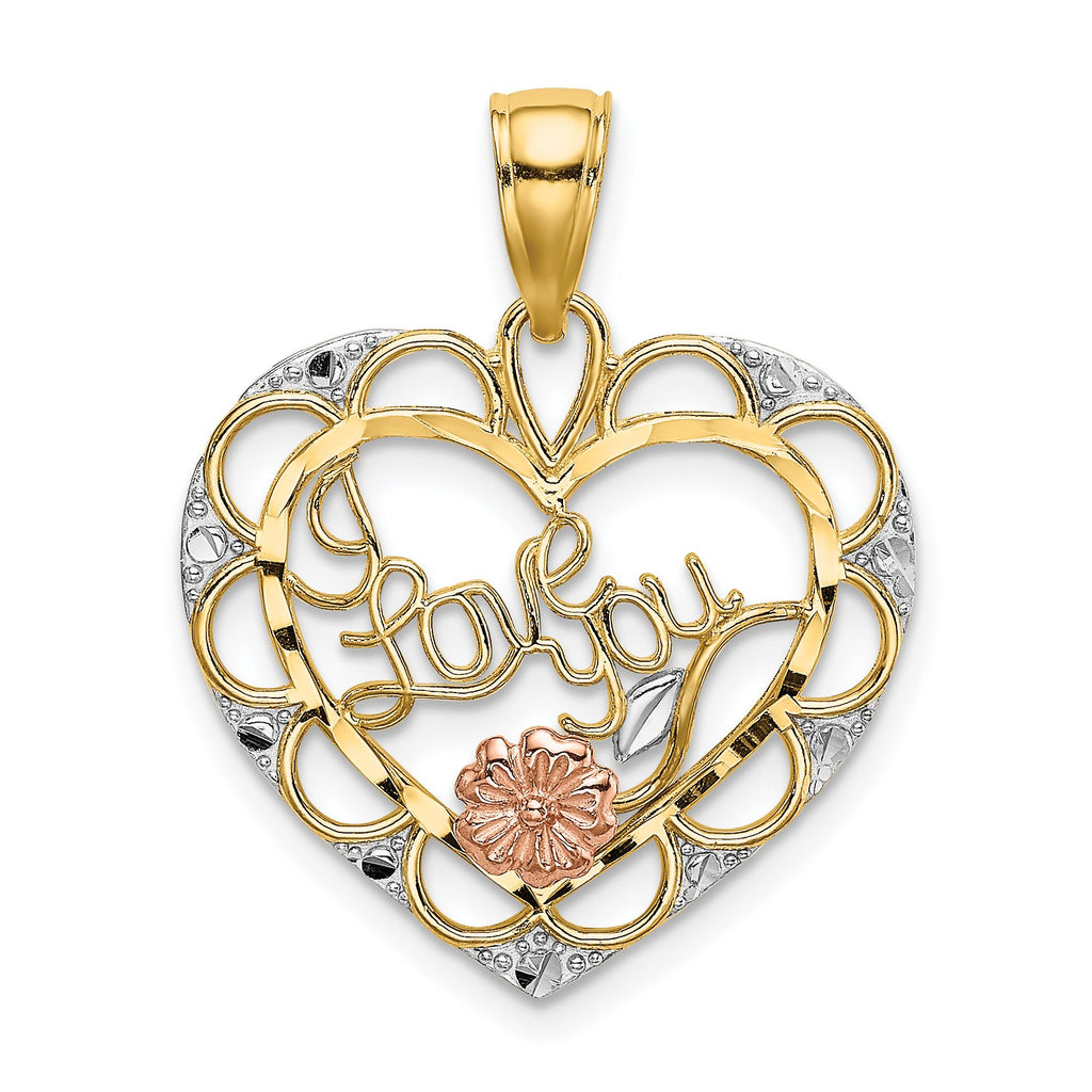 "I Love You" Heart & Flower Charm in 14K Two-Tone Gold, 23mm Textured - Sophia Jewelers