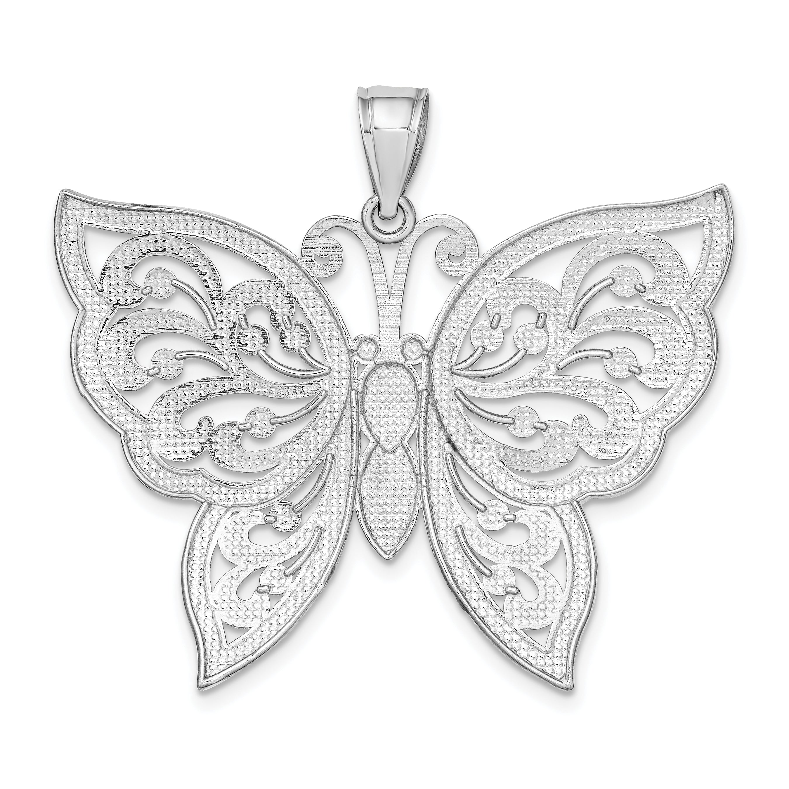 14K White Gold Large Diamond-cut Beaded Butterfly Pendant