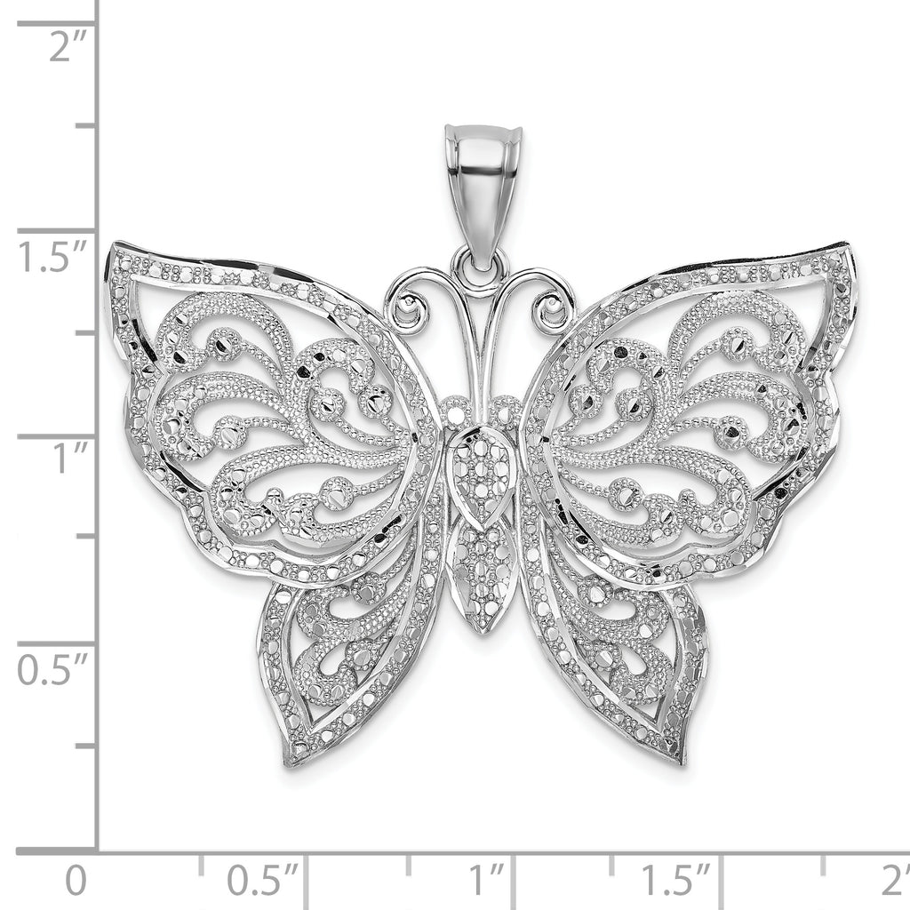14K White Gold Large Diamond-cut Beaded Butterfly Pendant