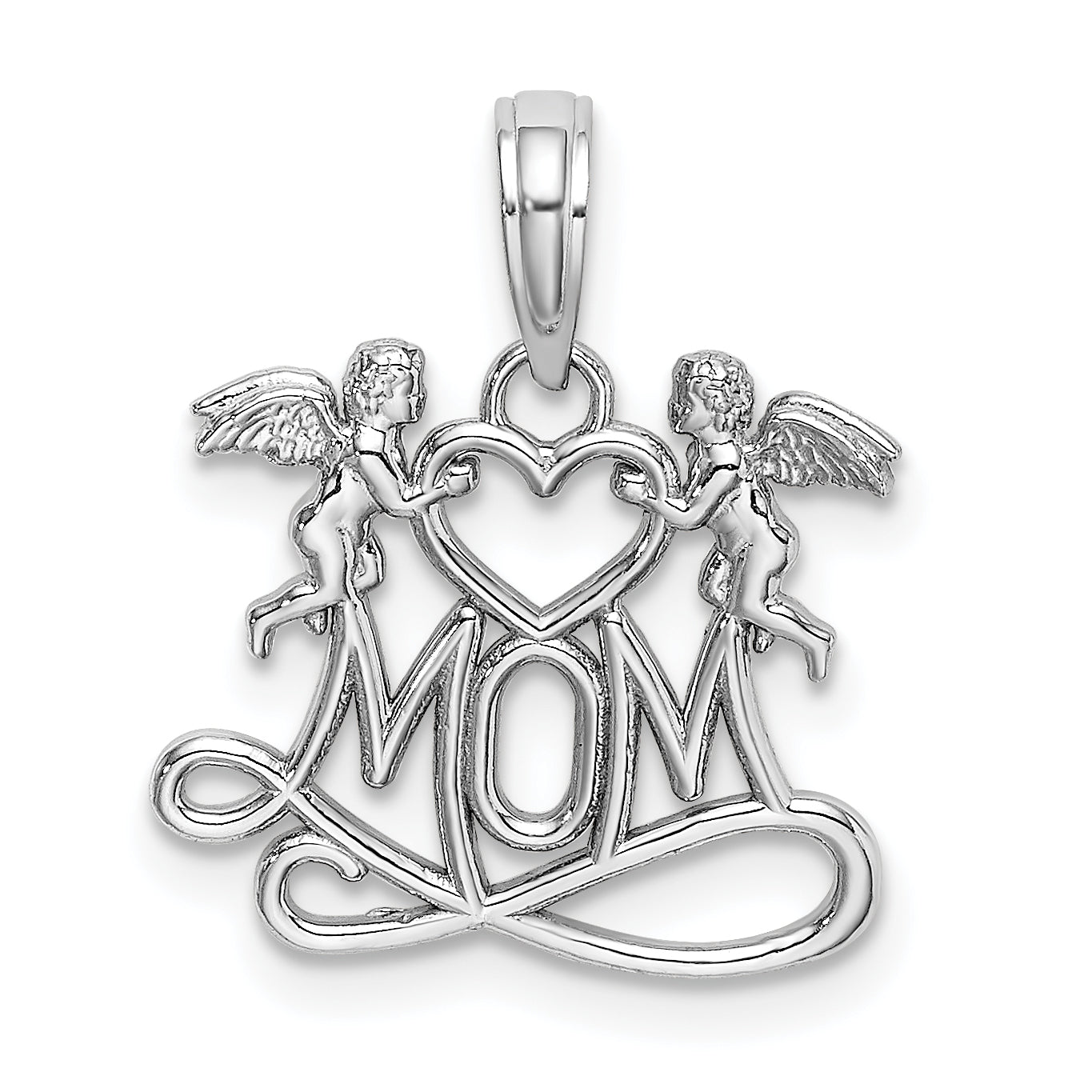 14K White Gold MOM w/ 2 Angels Holding Heart Charm Main image