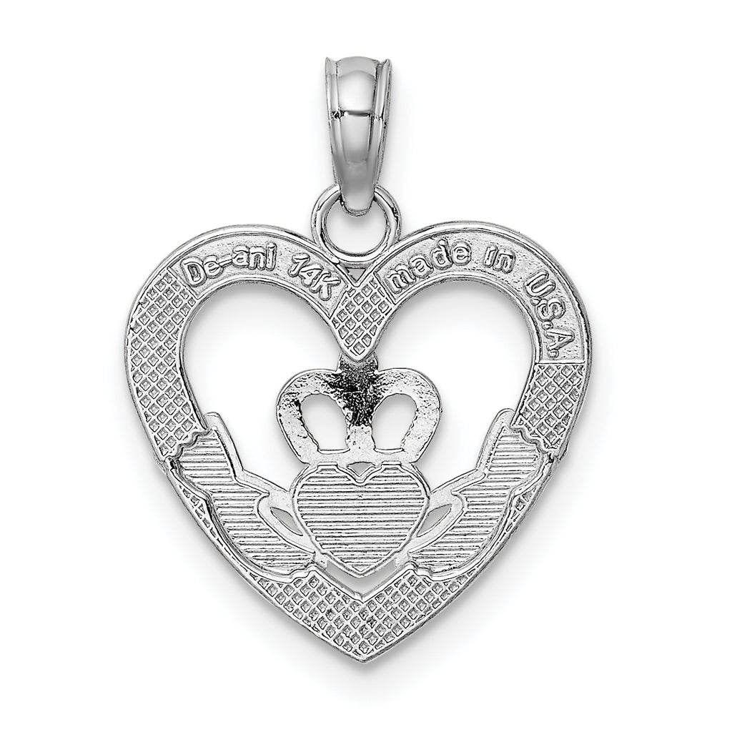 Claddagh Heart Charm in 14K White Gold, 19mm Textured - Sophia Jewelers