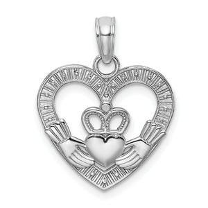 Claddagh Heart Charm in 14K White Gold, 19mm Textured - Sophia Jewelers