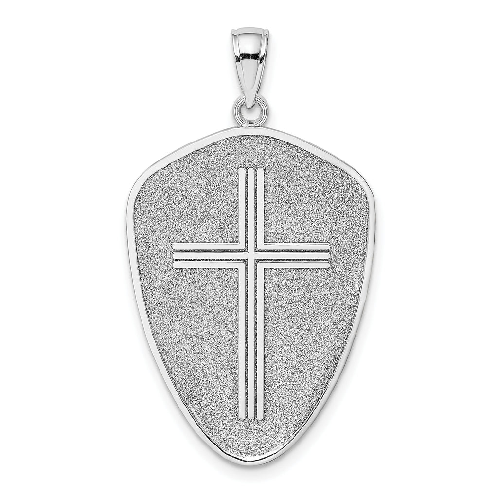 Cross Shield Charm in 14K White Gold with Joshua 1:9, 37mm Reversible - Sophia Jewelers