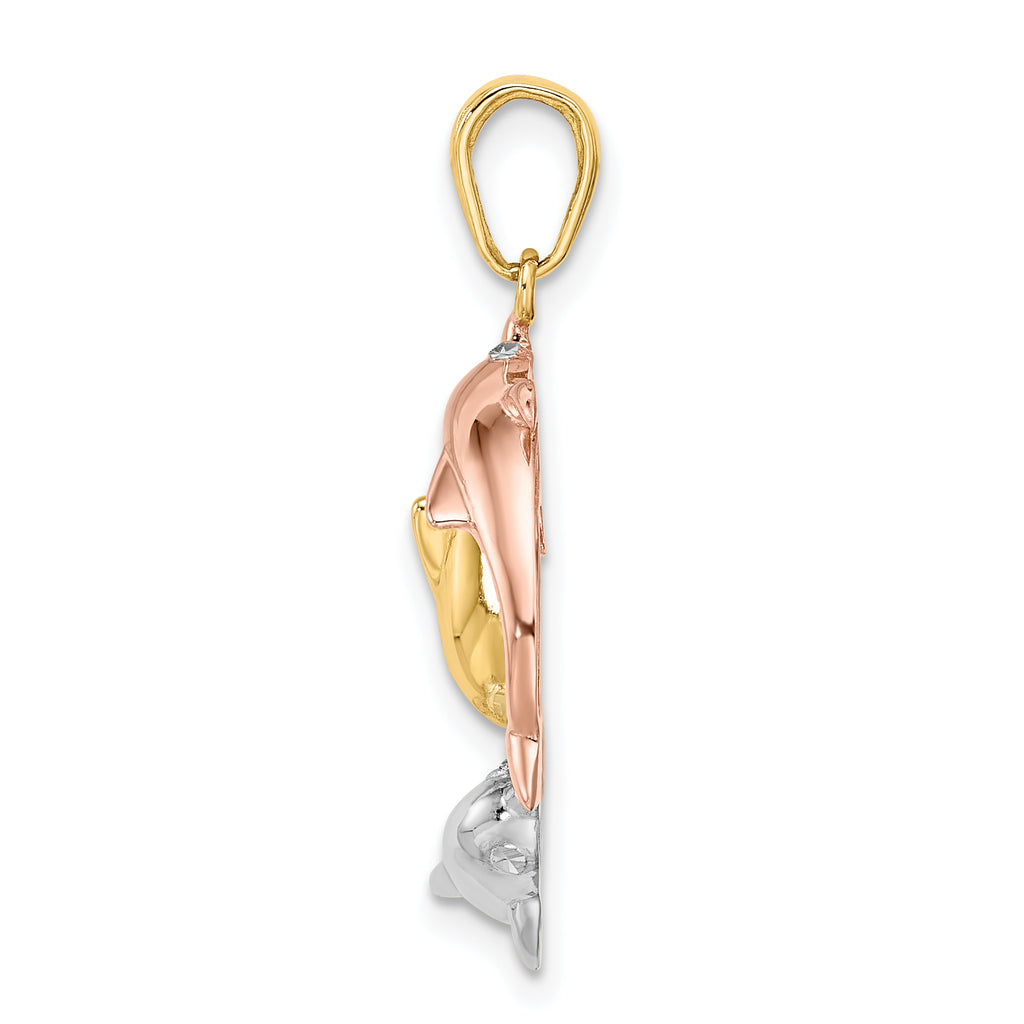 14k Tri-color Triple Dolphin Circle Pendant
