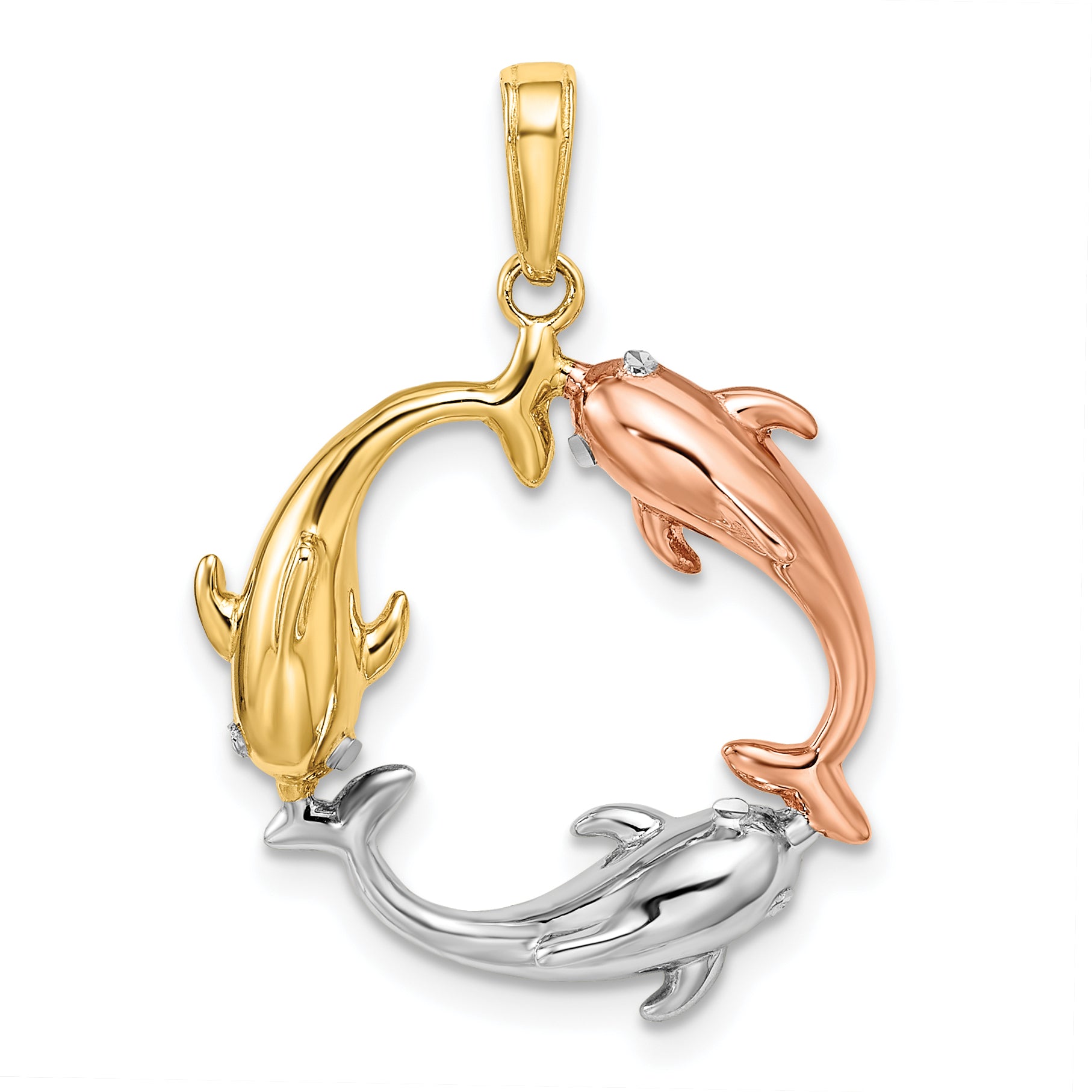 14k Tri-color Triple Dolphin Circle Pendant Main image
