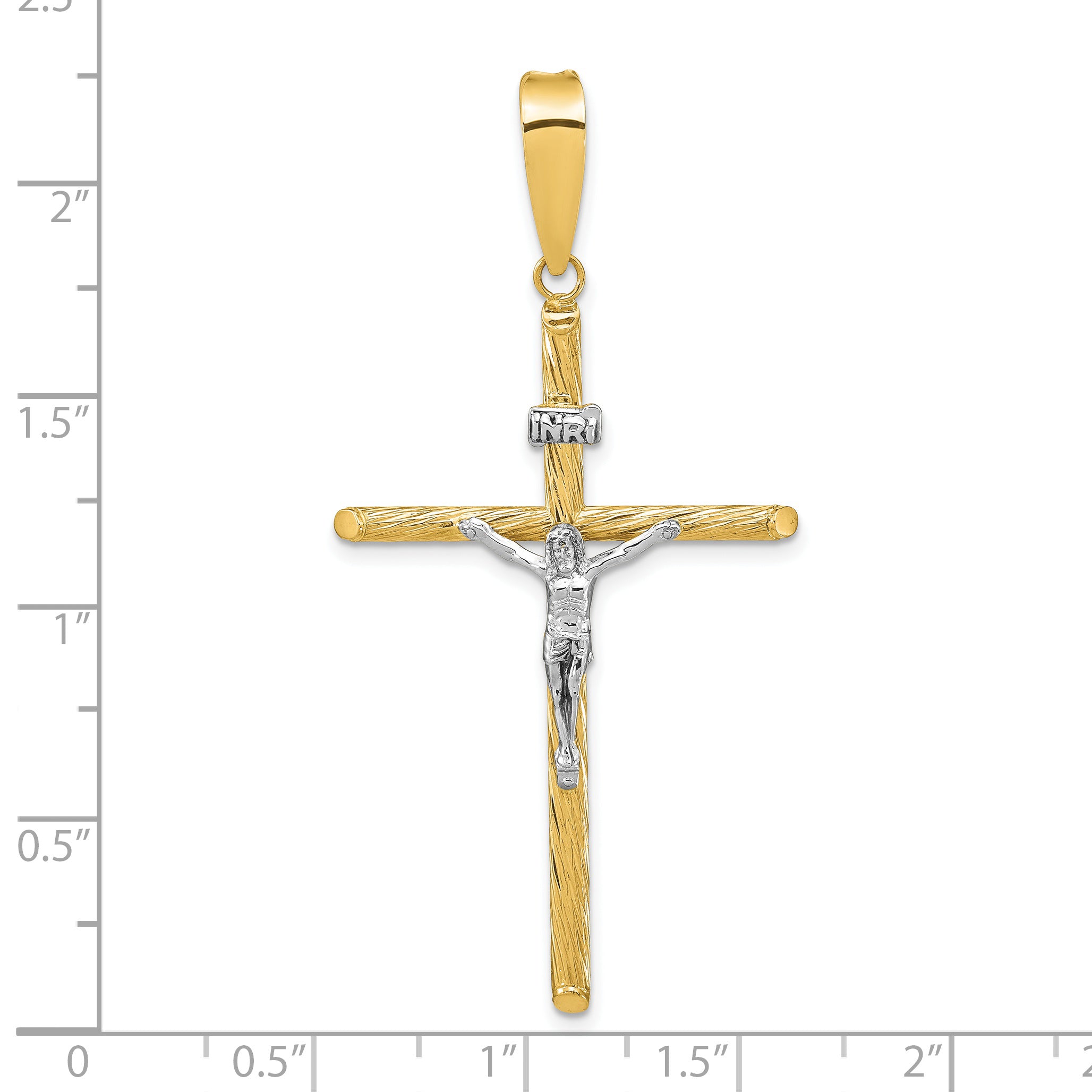 14K w/White Rhod Polished & Textured INRI Crucifix Cross Pendant Main image