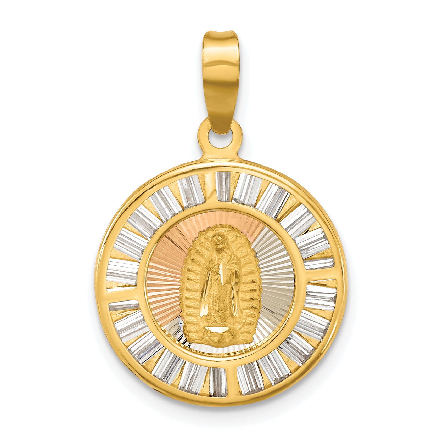 14K Rose and White-plated Polished CZ Baguettes Mary Round Pendant Main image