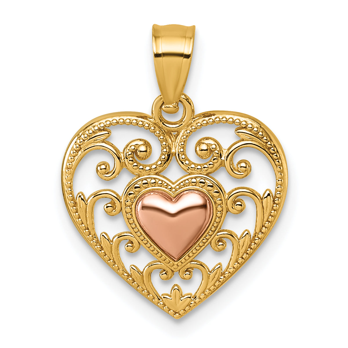 Filigree Heart in Heart Pendant in 14K Two-Tone Gold, 20mm - Sophia Jewelers