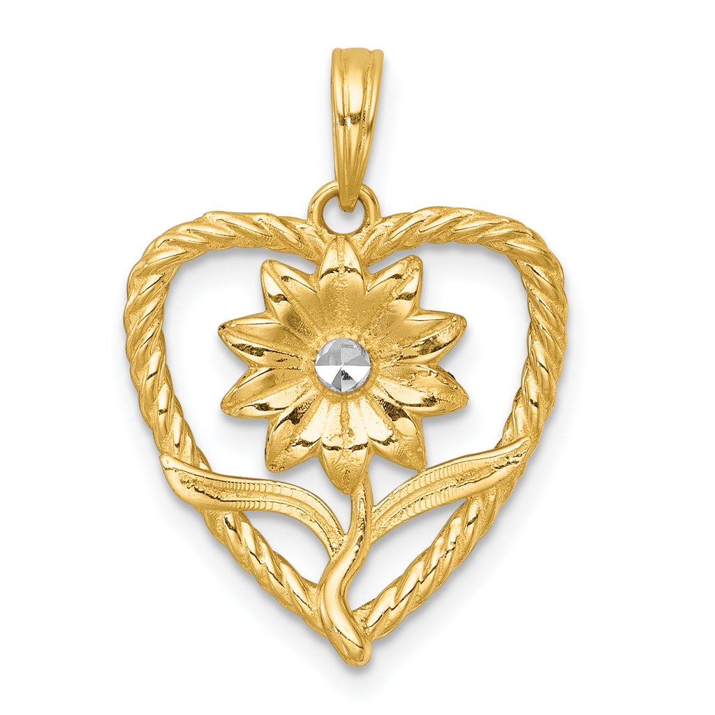 Flower in Twisted Heart Pendant in 14K Two-Tone Gold, 24mm - Sophia Jewelers