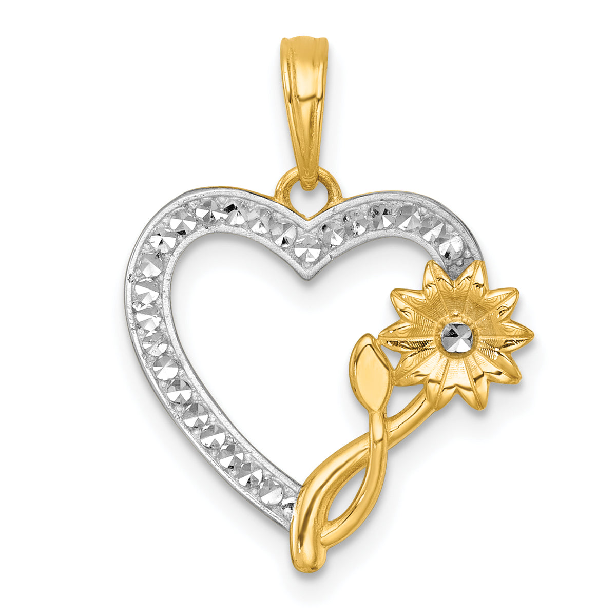 Flower on Heart Pendant in 14K Two-Tone Gold, 22mm Textured - Sophia Jewelers Main image