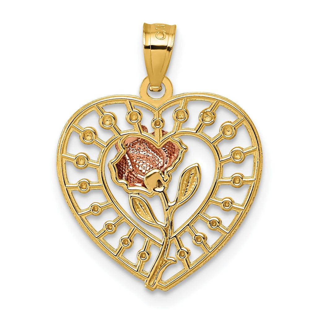 Rose in Heart Pendant in 14K Two-Tone Gold, 22mm Diamond-Cut - Sophia Jewelers