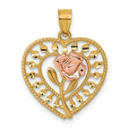 Rose in Heart Pendant in 14K Two-Tone Gold, 22mm Diamond-Cut - Sophia Jewelers