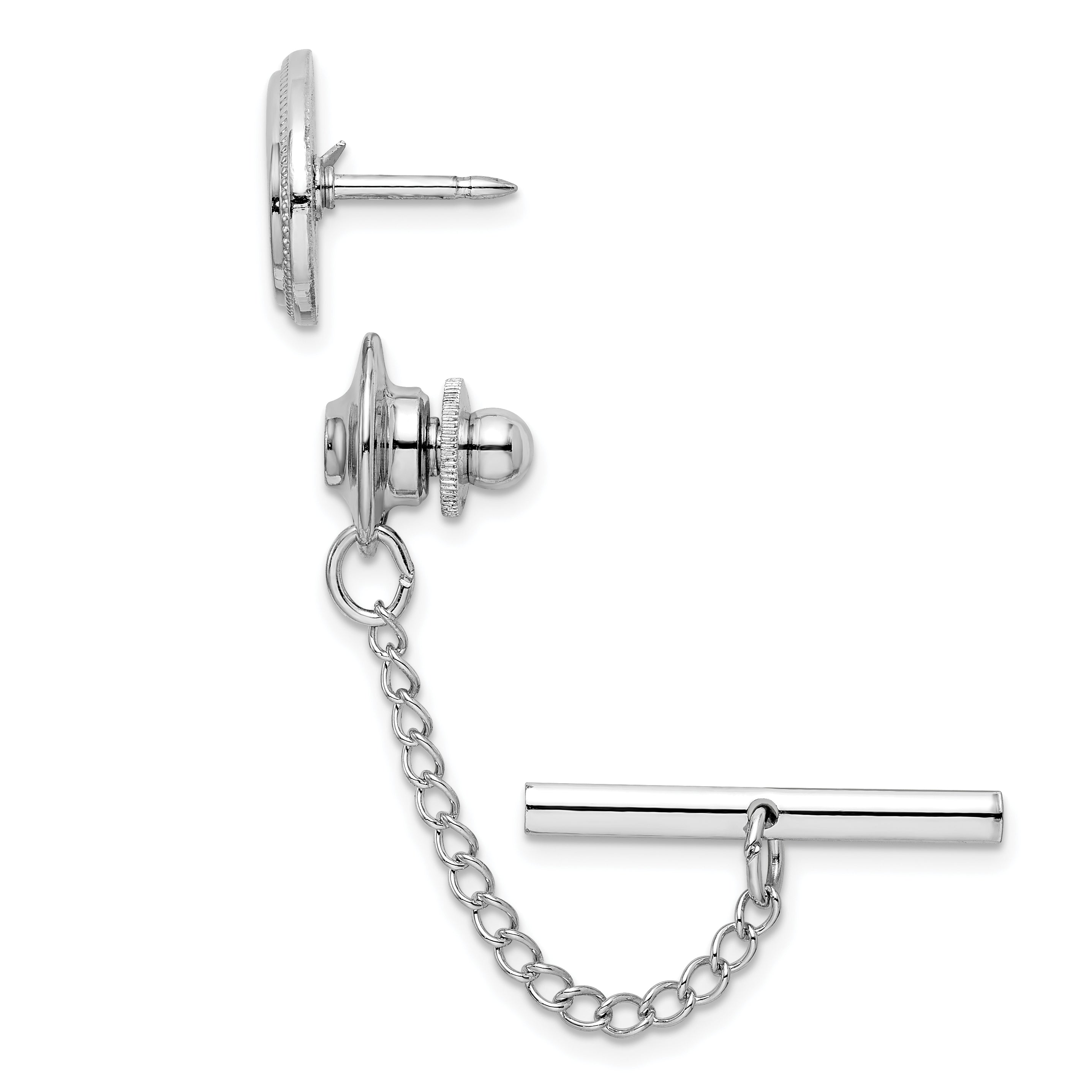 Kelly Waters Rhodium-plated Oval Beaded Engravable Tie Tac with Safety Chain Secondary image