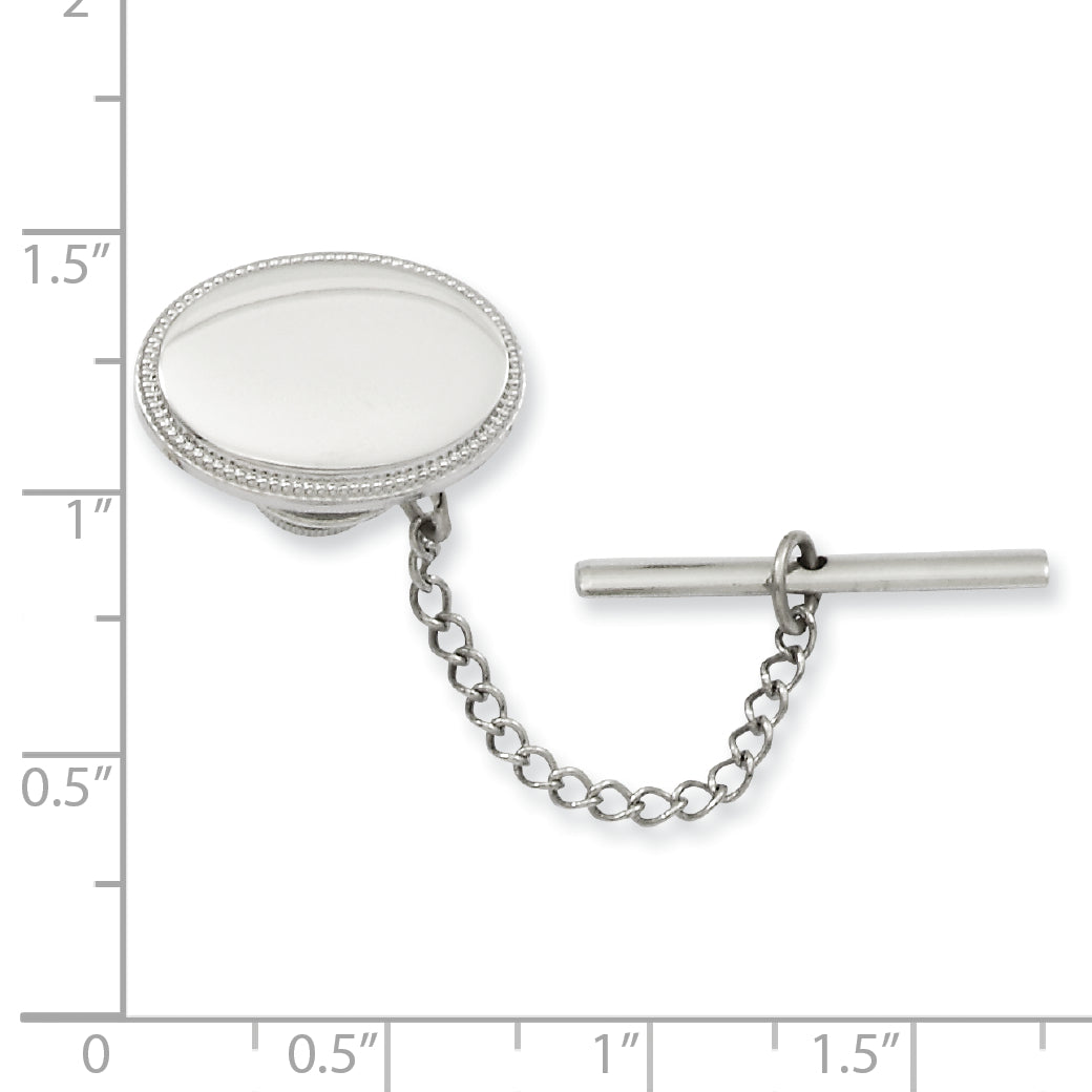 Kelly Waters Rhodium-plated Oval Beaded Engravable Tie Tac with Safety Chain