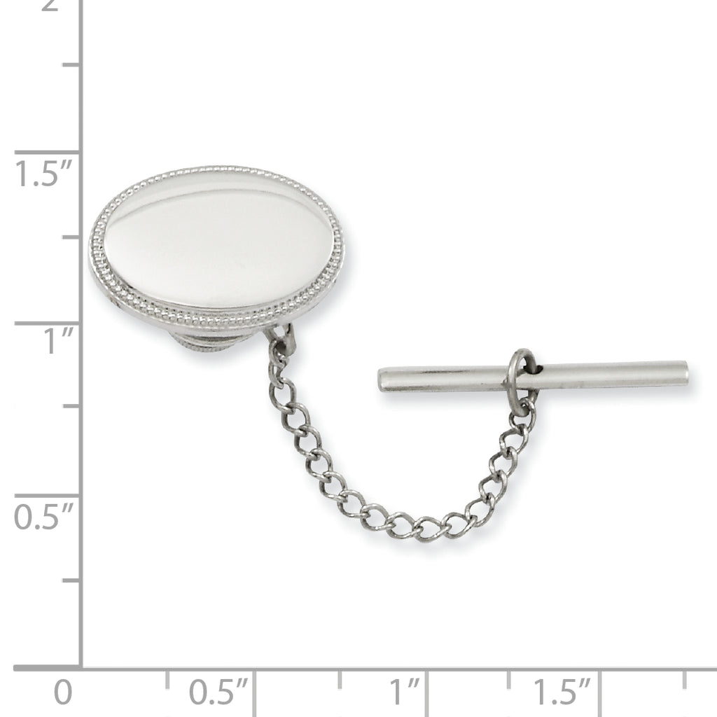 Kelly Waters Rhodium-plated Oval Beaded Engravable Tie Tac with Safety Chain