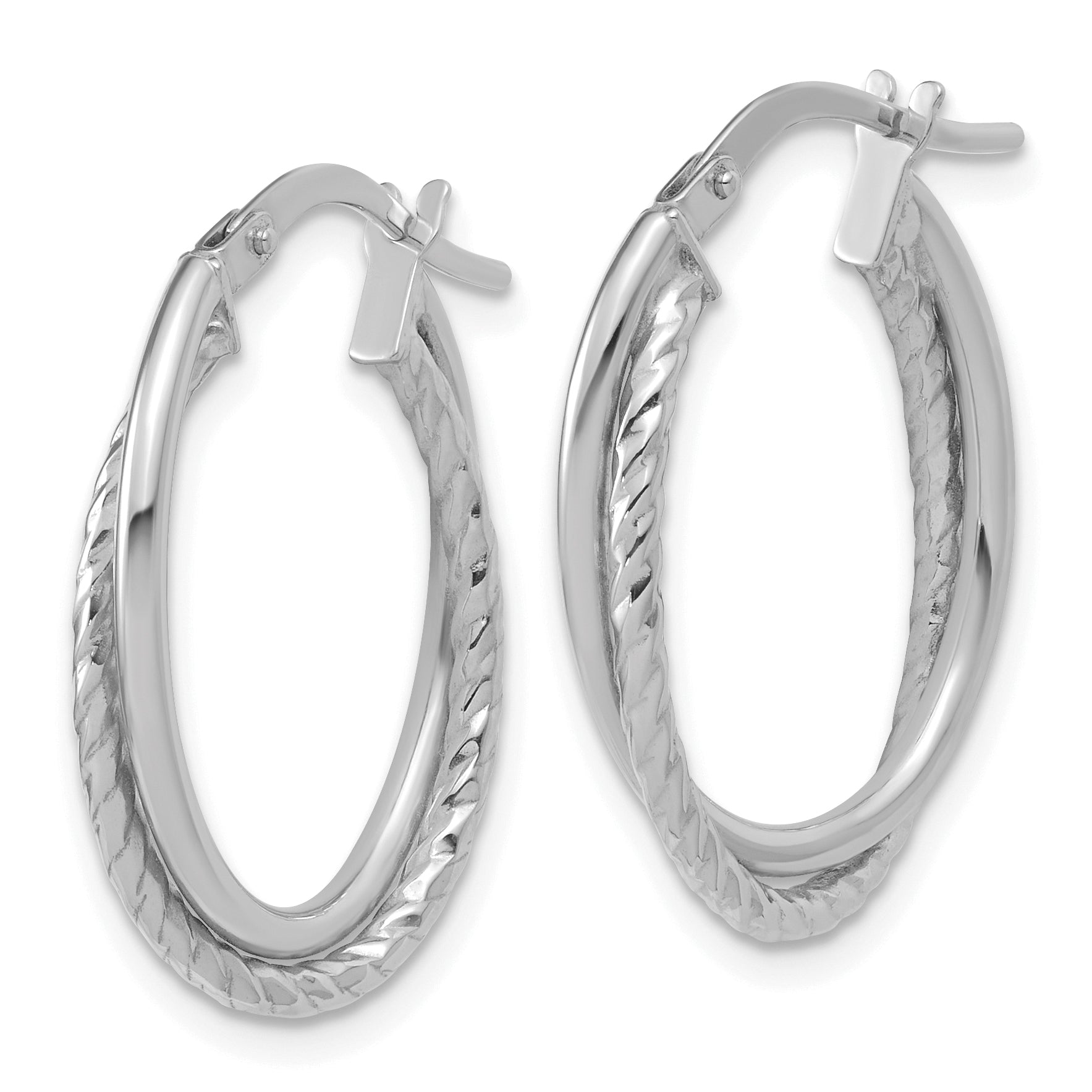 14K White Gold Polished Textured Oval Hoop Earrings