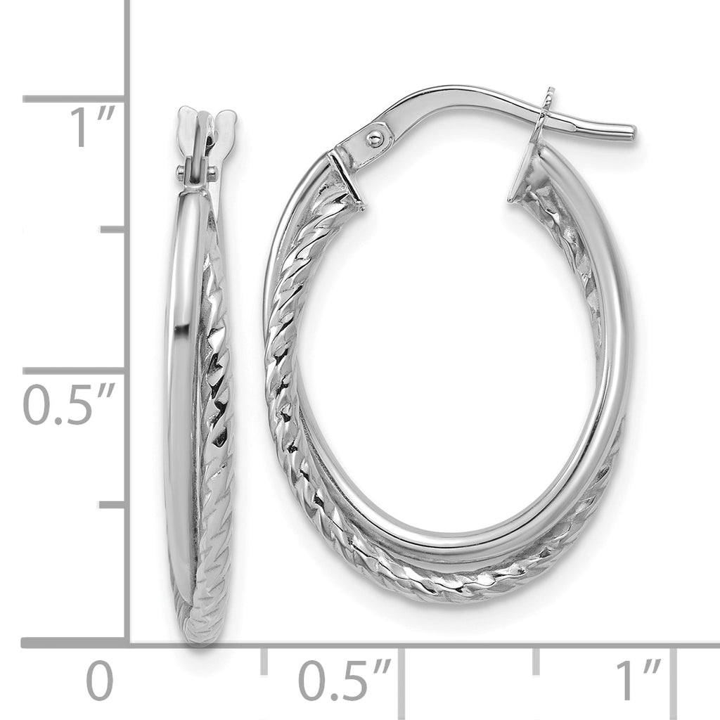 14K White Gold Polished Textured Oval Hoop Earrings