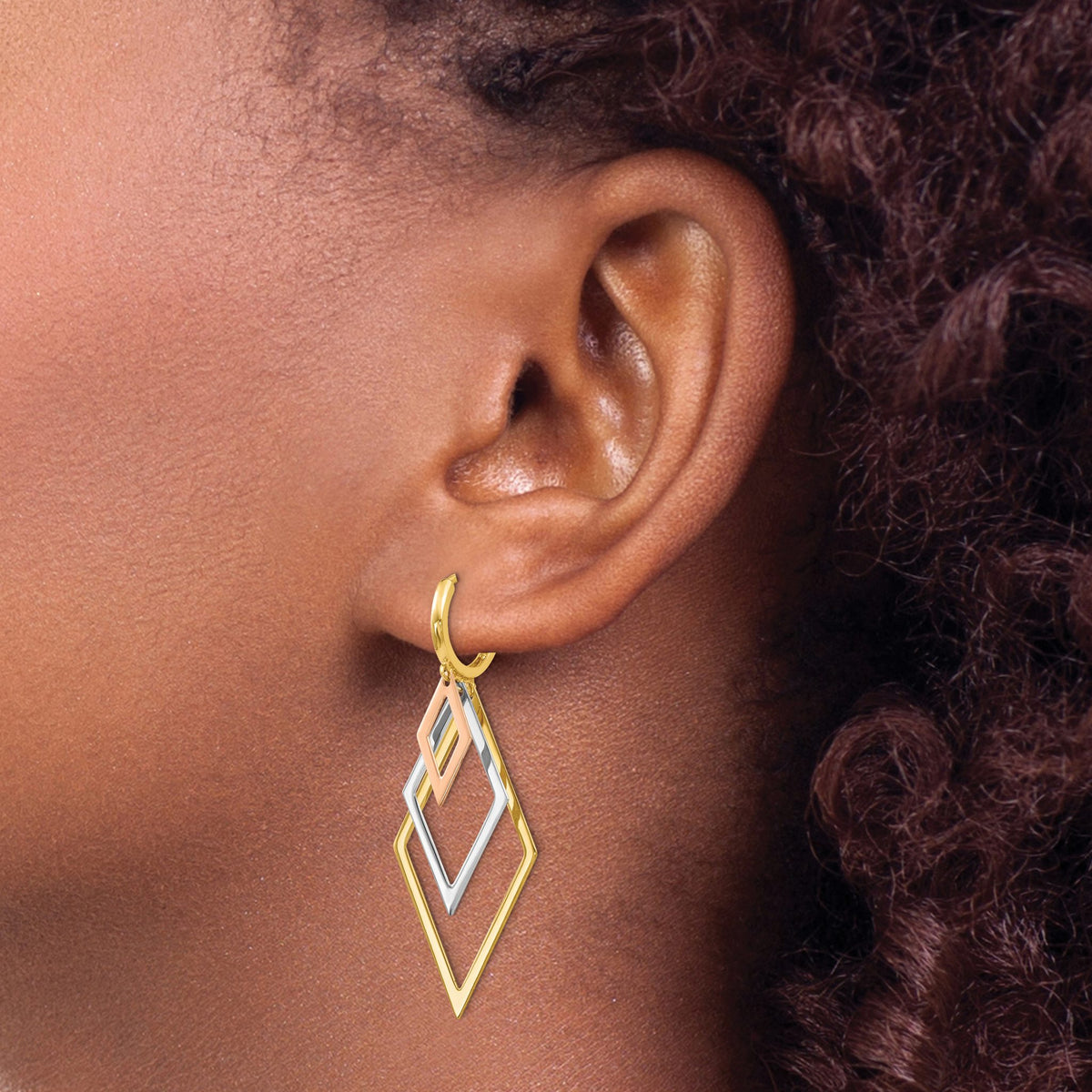 Tri-Color Hoop Dangle Earrings in 14K Tri-Color Gold, 44mm Textured - Sophia Jewelers