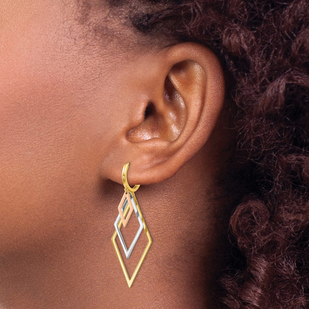 Tri-Color Hoop Dangle Earrings in 14K Tri-Color Gold, 44mm Textured - Sophia Jewelers