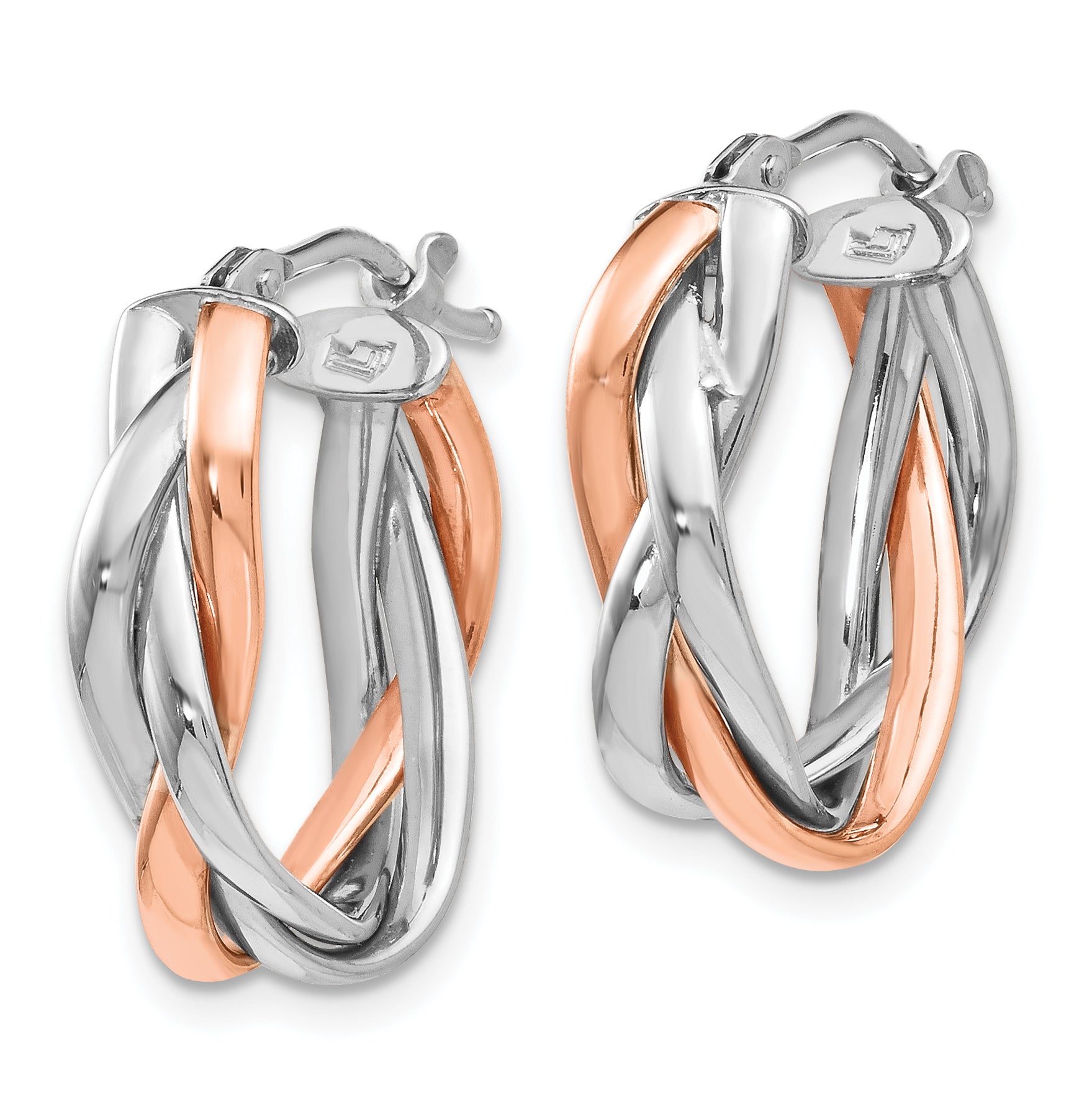 14K with White Rhodium and Rose Gold Plating Polished Hinged Hoop Earrings Secondary image