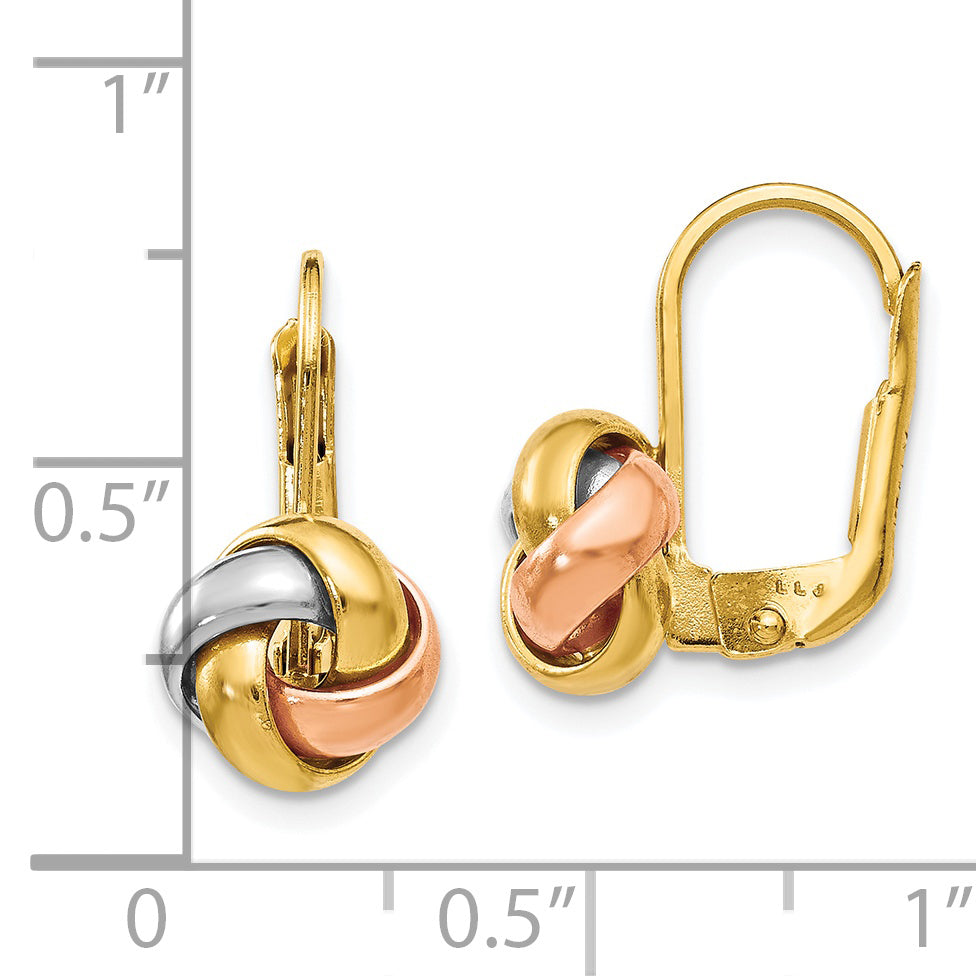 14K with White Rhodium and Rose Gold Plated Polished Love Knot Leverback Earrings