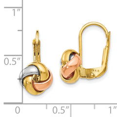 14K with White Rhodium and Rose Gold Plated Polished Love Knot Leverback Earrings