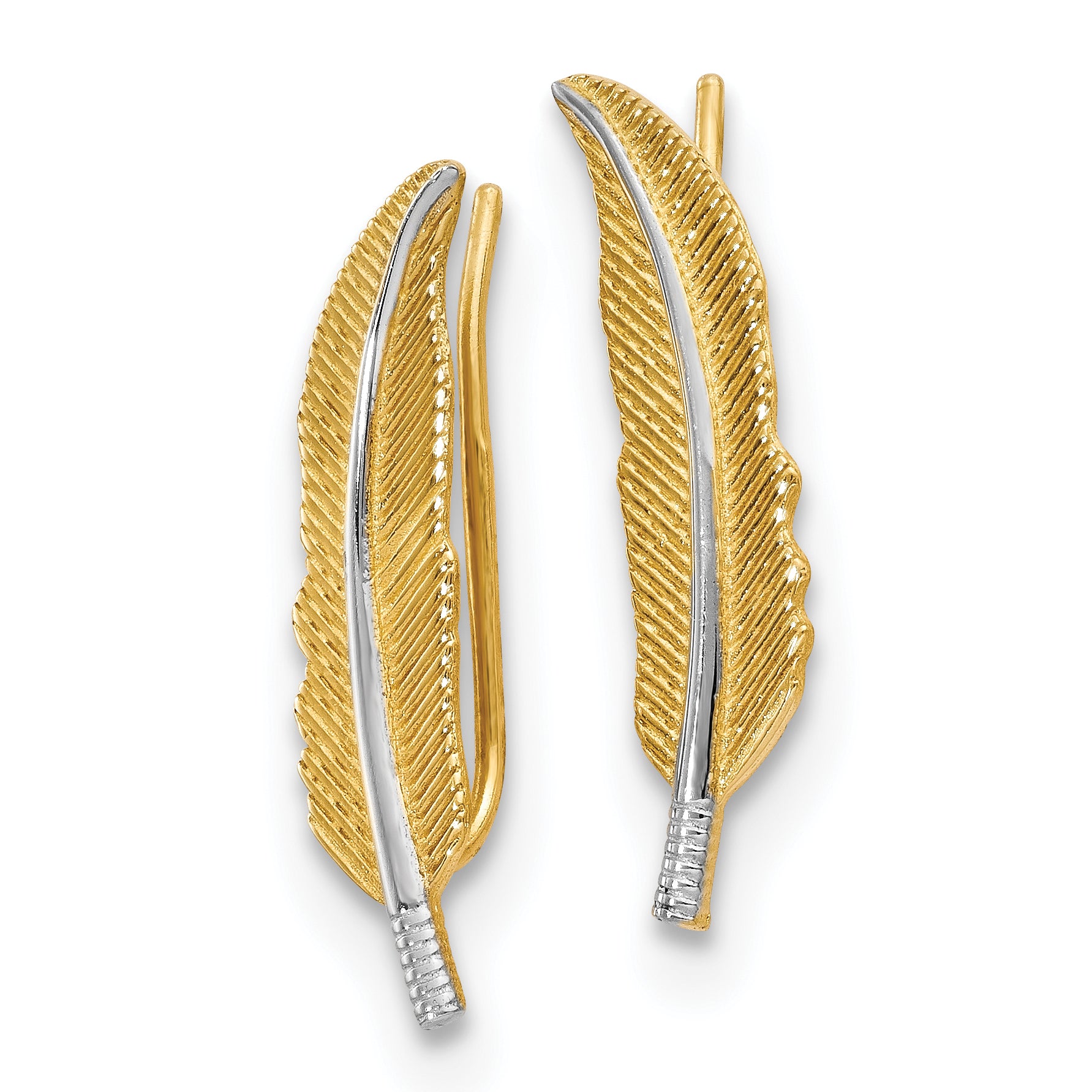14K w/Rhodium Polished Feather Ear Climber Earrings Secondary image