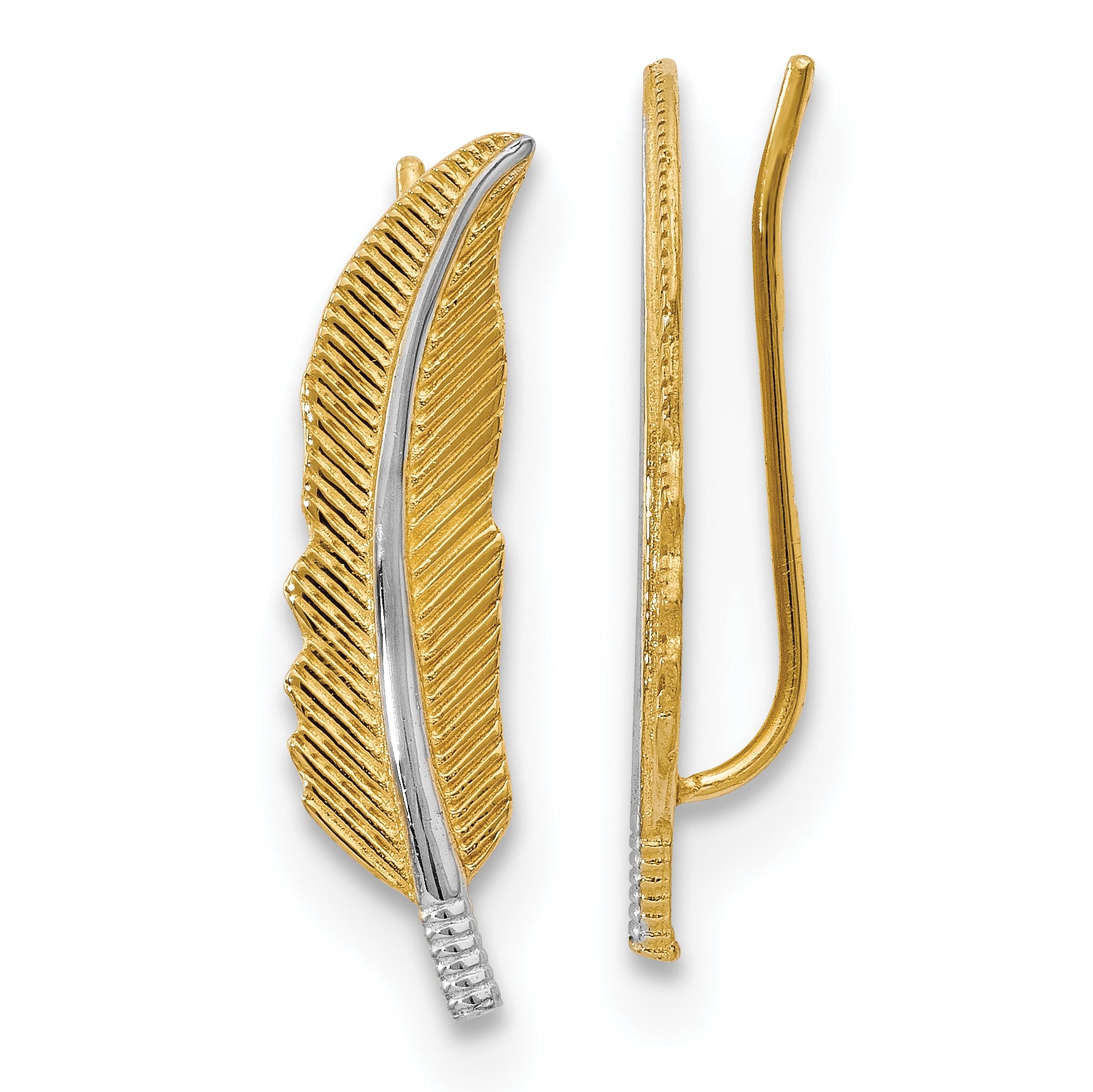 14K w/Rhodium Polished Feather Ear Climber Earrings Main image
