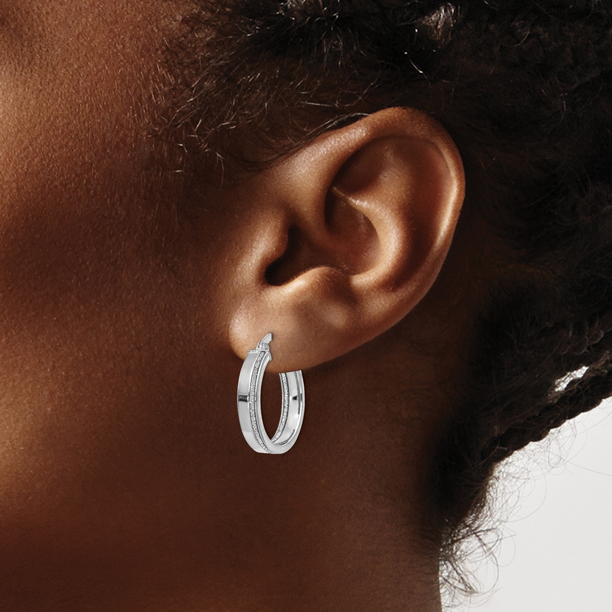 14K White Gold Polished Glimmer Infused Hoop Earrings