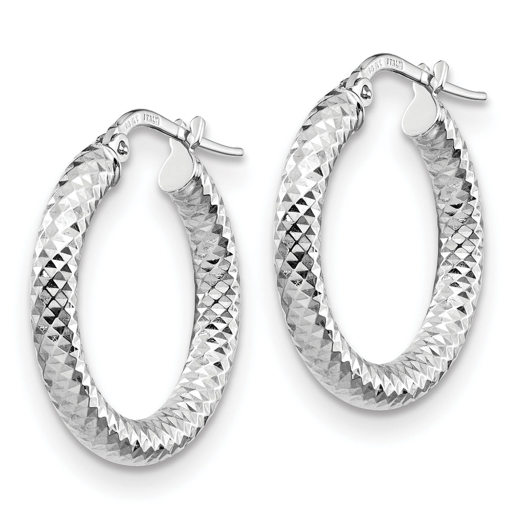 14K 3x20 with White Rhodium Plating D/C Round Hoop Earrings
