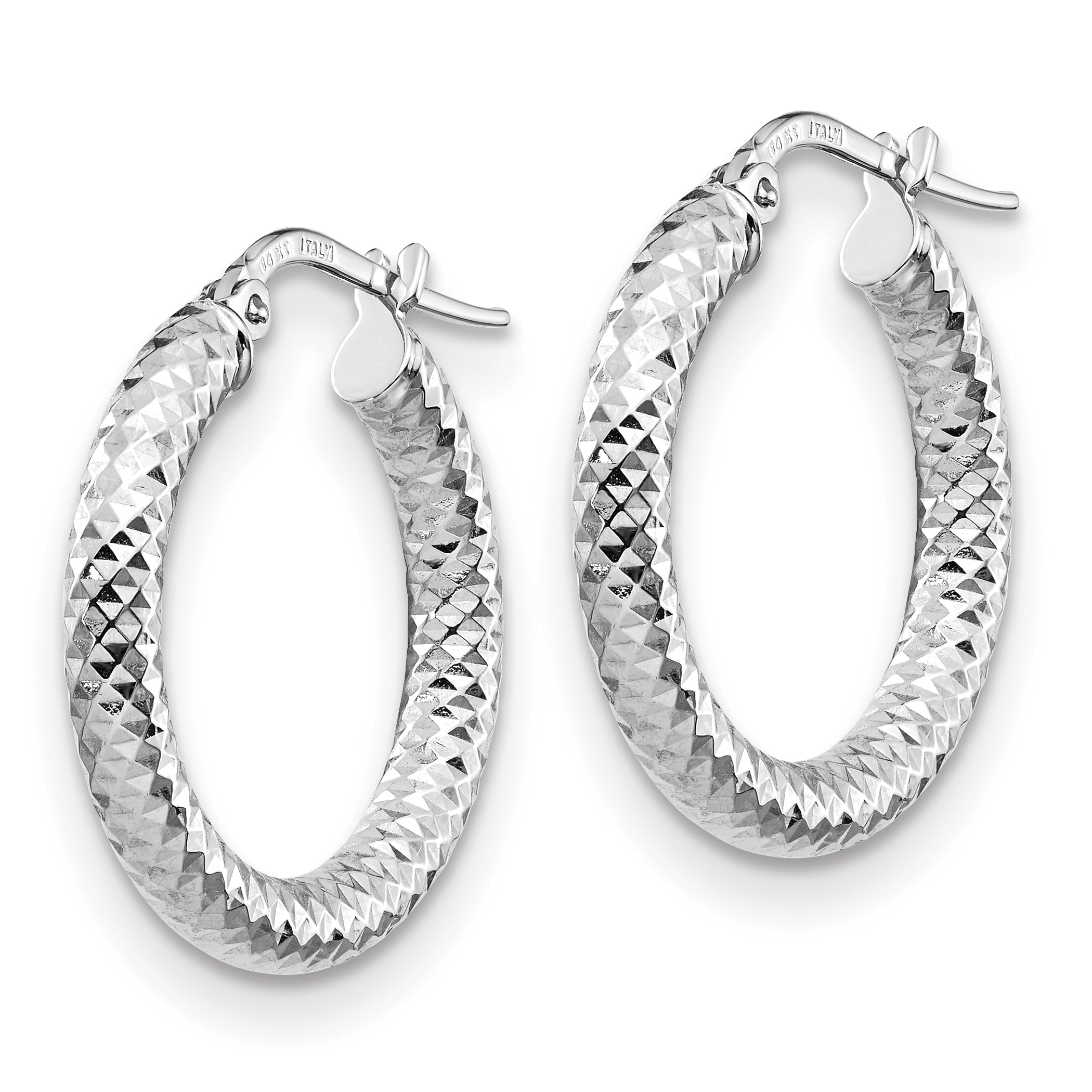 14K 3x20 with White Rhodium Plating D/C Round Hoop Earrings