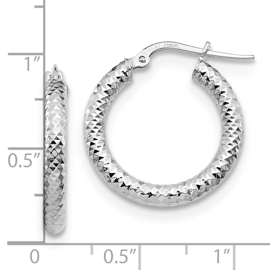 14K 3x20 with White Rhodium Plating D/C Round Hoop Earrings