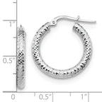14K 3x20 with White Rhodium Plating D/C Round Hoop Earrings