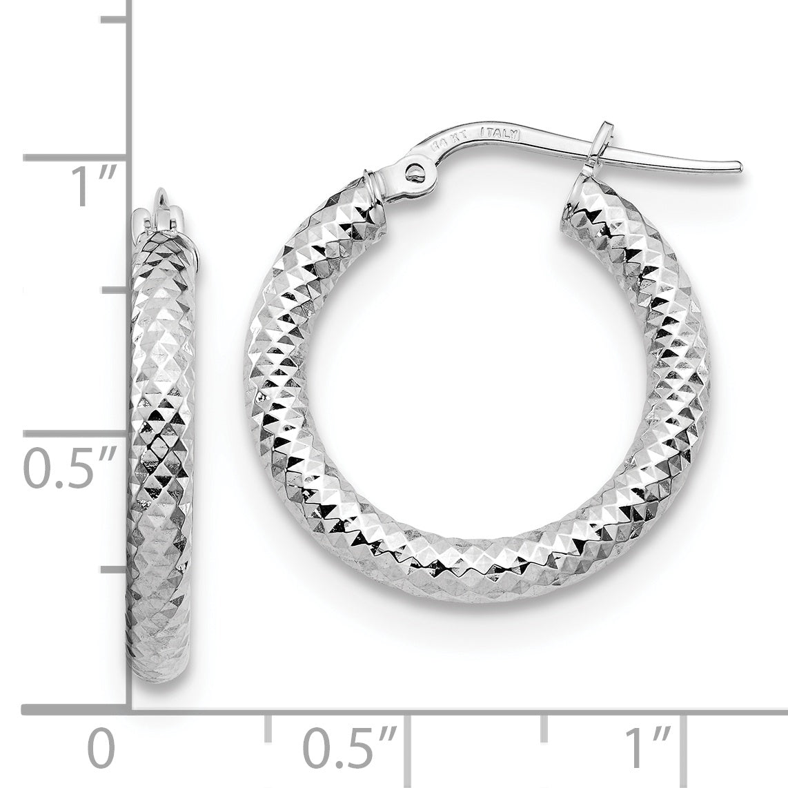14K 3x20 with White Rhodium Plating D/C Round Hoop Earrings