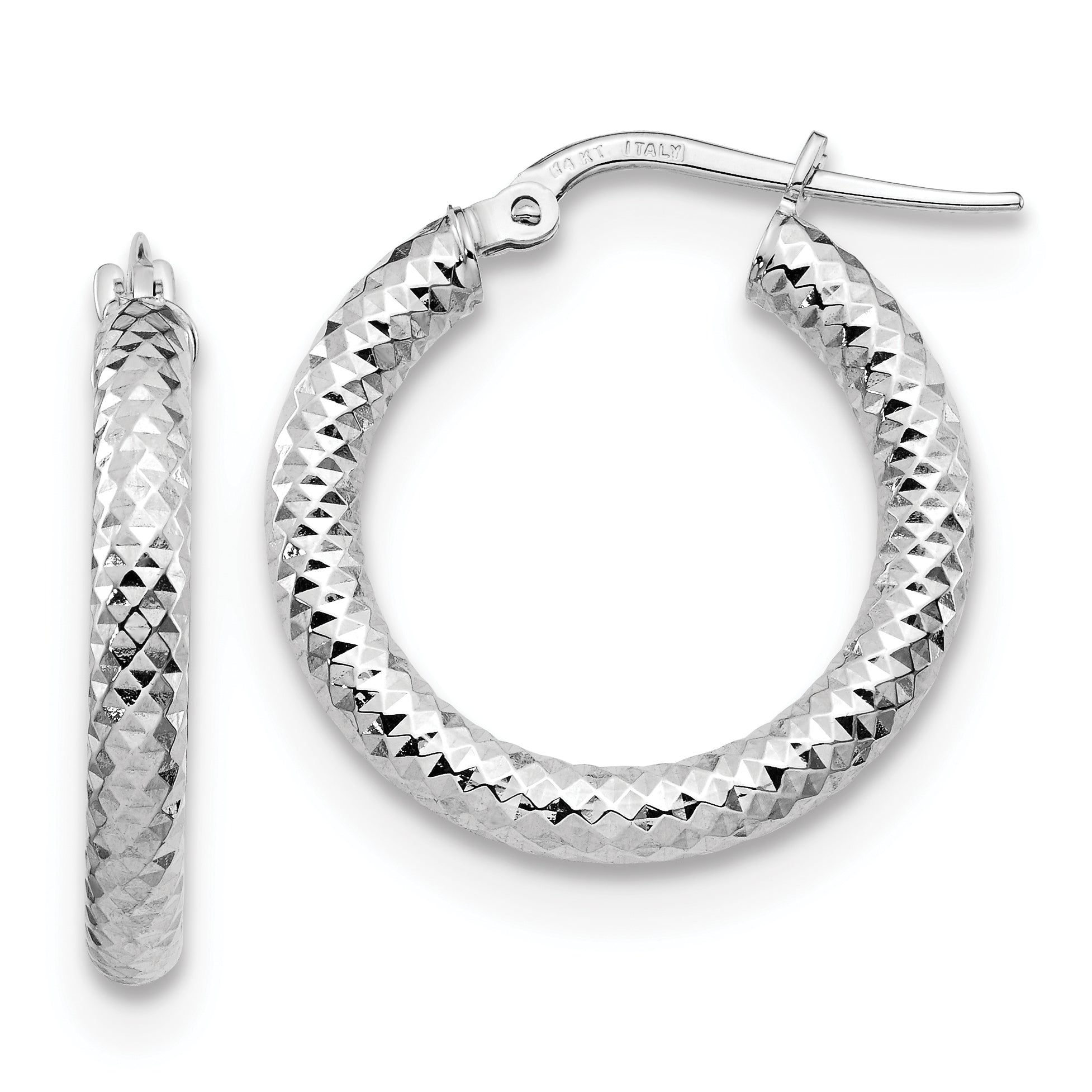 14K 3x20 with White Rhodium Plating D/C Round Hoop Earrings Main image
